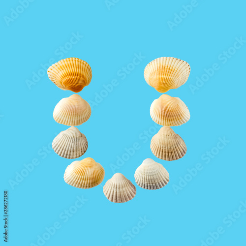 Letter "u" composed from seashells, isolated on gentle blue background
