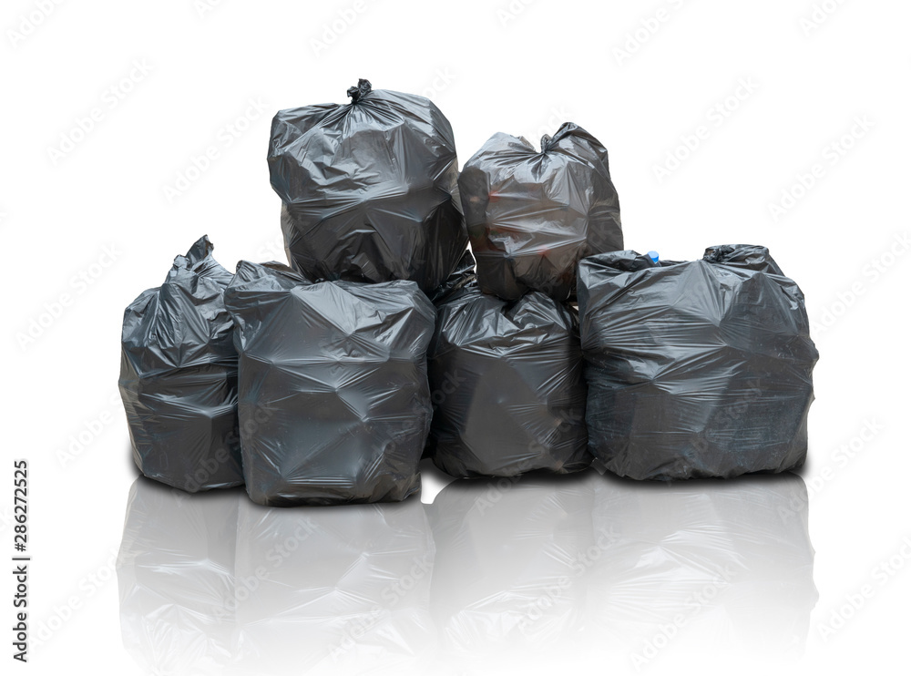 Concept of collecting waste for recycling.Black Plastic Bags for garbage, Bins Big Stack,Trash Pile isolated on white background - obrazy, fototapety, plakaty 