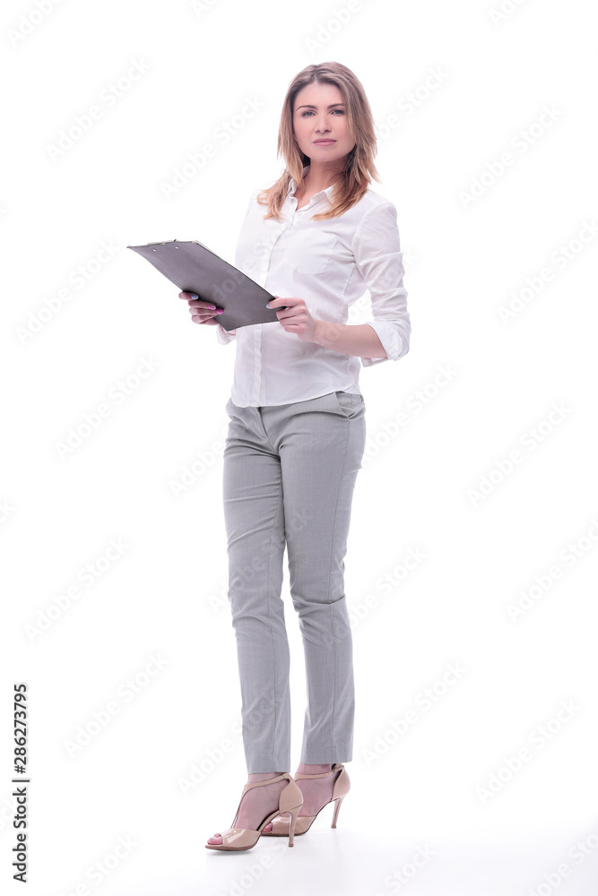in full growth. confident young business woman in full growth. confident young business woman