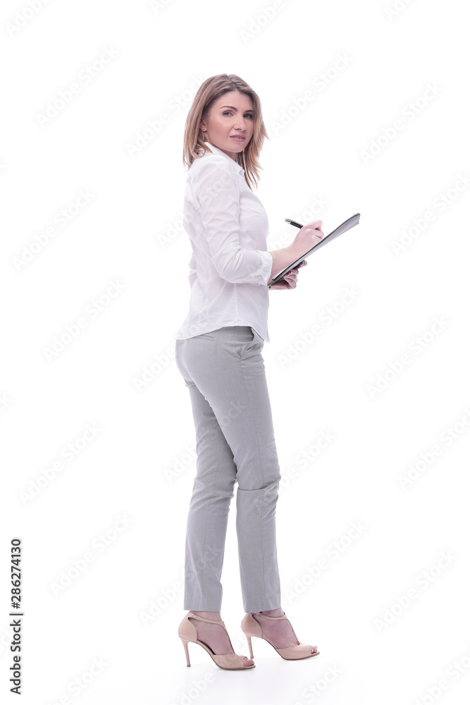 in full growth. young business woman with clipboard in full growth. young business woman with clipboard
