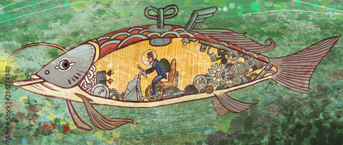 Fototapeta Naklejka Na Ścianę i Meble -  Fish, swimming, submarine, toys, children, fantasy, fantasy, magic, fairy tale, little man country, illustration, seabed,