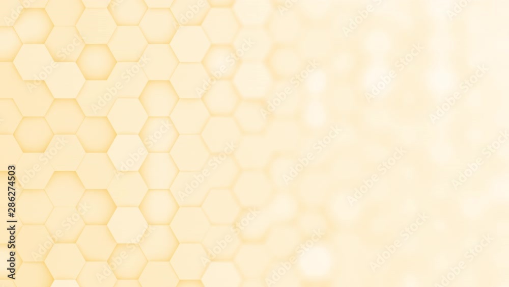 Yellow hexagons moving up and down in a random pattern. 3D animated motion background loop. Top down isometric view with gradual blur effect for copyspace.