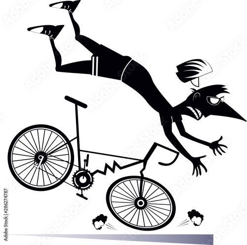 Cyclist falling down from the bicycle isolated illustration. Cyclist falling down from the broken bicycle black on white illustration 