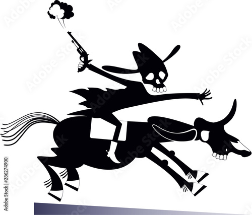 Skull headed man with a gun rides on the horse illustration.  Man with skull head with a gun rides on the horse with skull head black on white