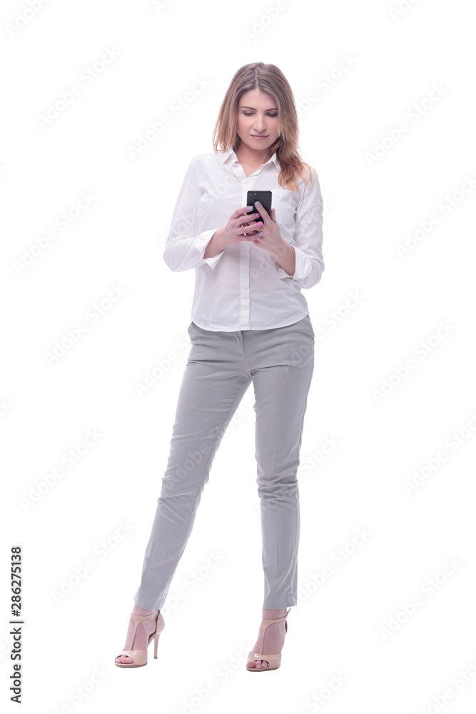 smiling business woman reading e-mail on her smartphone. isolated on white smiling business woman reading e-mail on her smartphone. isolated on white