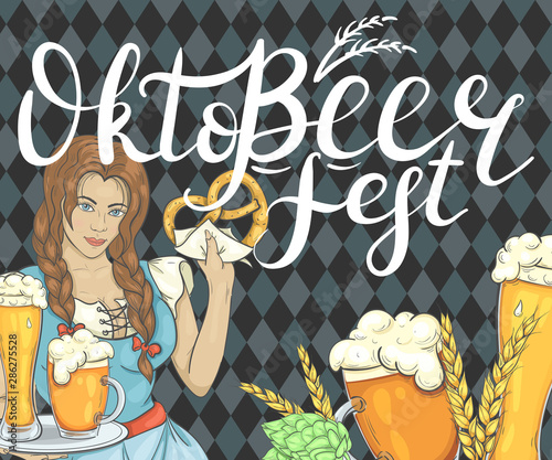 Banner for Oktoberfest. Background with girl, beer and other.