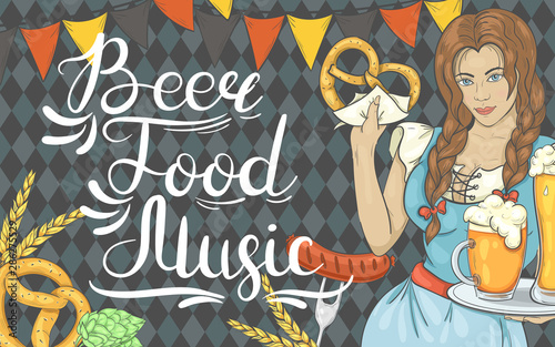 Banner for Oktoberfest. Background with girl, beer, sausages and other.