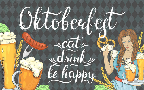 Banner for Oktoberfest. Background with girl, beer, sausages and other.