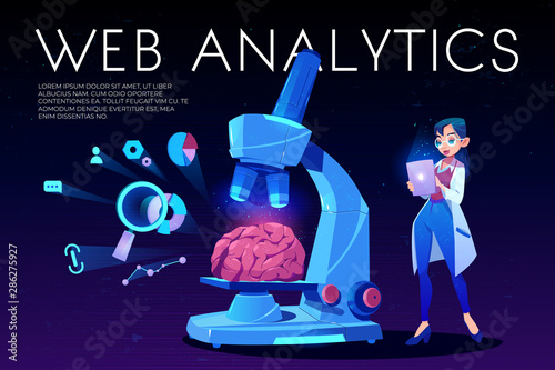 Web analytics landing page, woman scientist in white robe holding tablet stand at huge microscope with human brain and seo icons, neon glowing futuristic background Cartoon vector illustration, banner