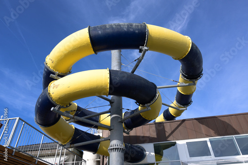 Water slide from the outside in the adventure bath in Buesum, famous tourist resort at the north sea, Germany