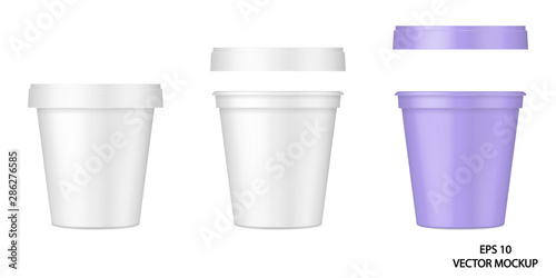 Vector realistic image (mockup, layout) of plastic package with a lid (cup) for food, beverages or cosmetics. EPS 10.
