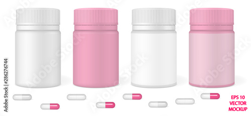 Set of vector realistic images of matte plastic packaging for tablets (vitamins or cosmetics) in white and pink with a label and without a label and tablets (pills, vitamins) of white and pink. EPS 10 © Alice