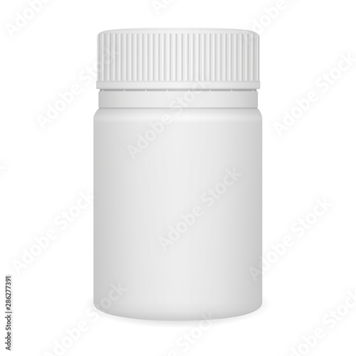 Vector realistic image (mock-up, layout, template) of packaging (plastic bottle and cap) for vitamins, tablets, pills or cosmetics. The image is created using a gradient mesh. Vector EPS 10