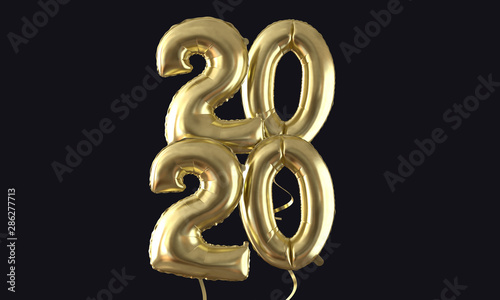 Happy new year 2020 gold foil balloon celebration background. 3D Rendering