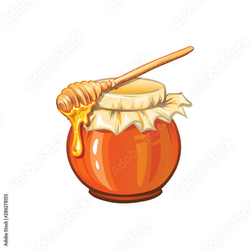 Natural honey pot hand drawn vector illustration. Beeswax jug and dipper with mead drippings. Beekeeping, apiary cartoon symbol. Delicious dessert ingredient, tasty organic food, healthy product