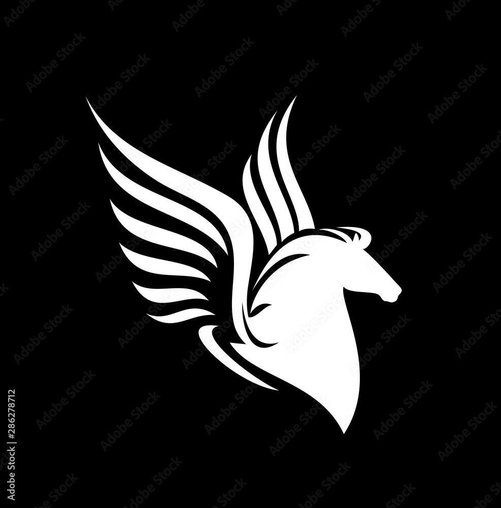 mythical pegasus horse profile head - side view winged stallion black and white evctor design mythical pegasus horse profile head - side view winged stallion black and white evctor design