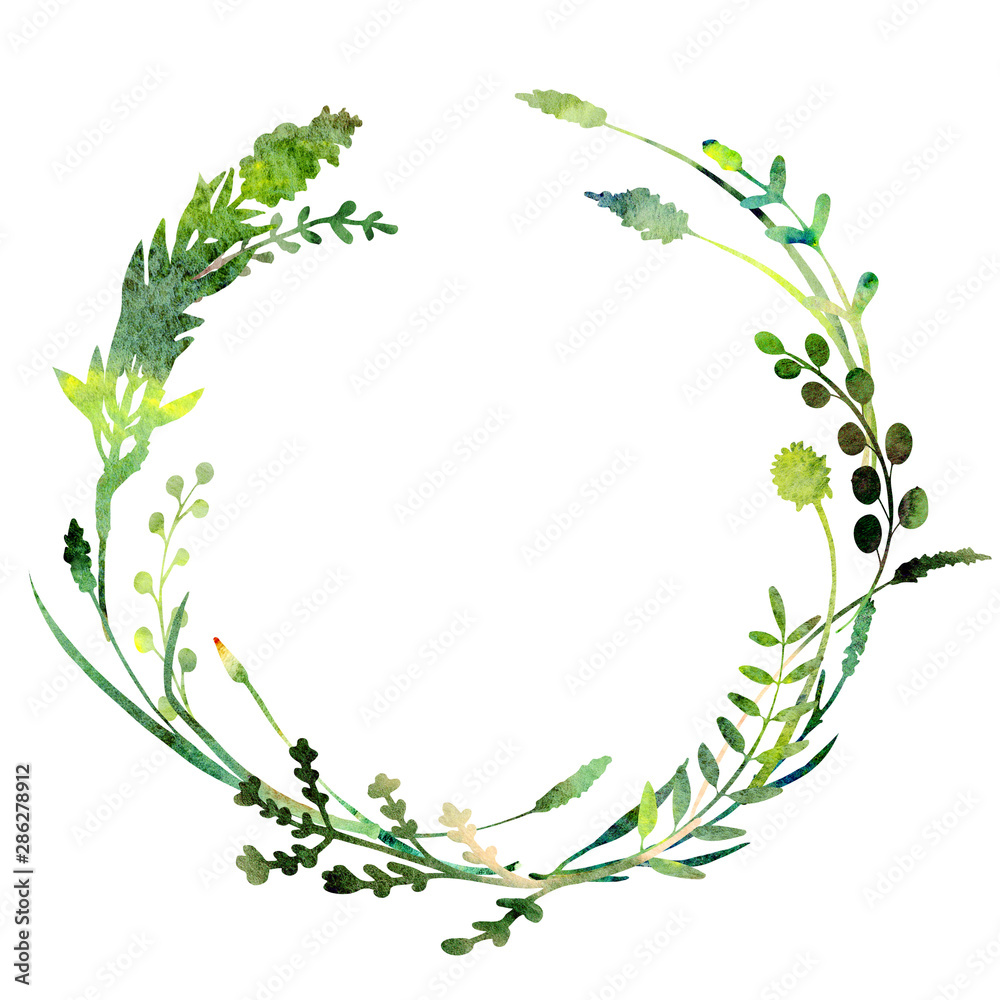 Watercolor herbal floral wreath. - obrazy, fototapety, plakaty 
