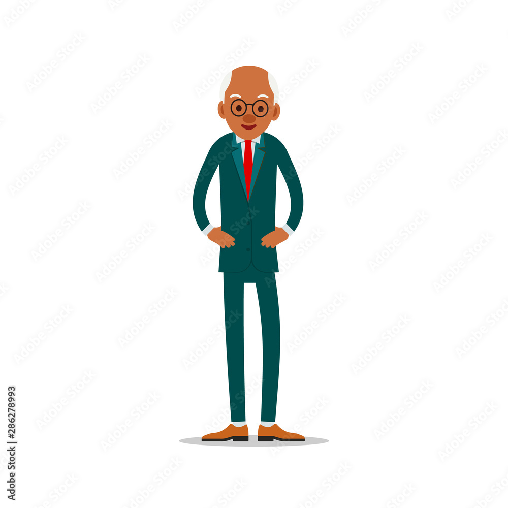 Obraz premium Attractive african old man. Older black senior retired. Cute grandfather standing and smiling. Traditional retirement lifestyle. Cartoon illustration isolated on white background in flat style