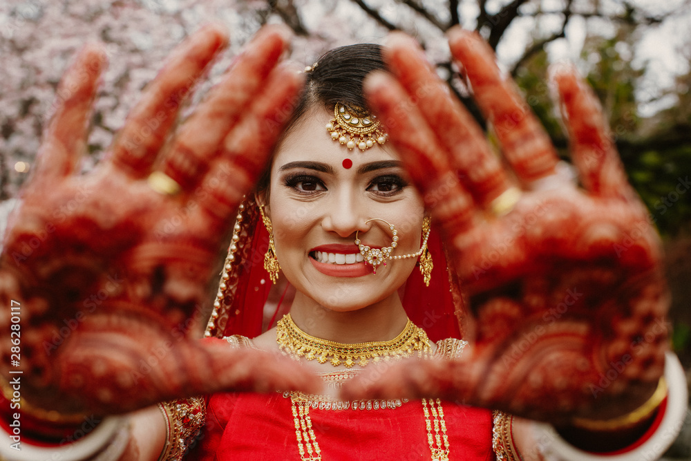 Portrait of a beautiful Indian bride in a traditional wedding dress Portrait of a beautiful Indian bride in a traditional wedding dress