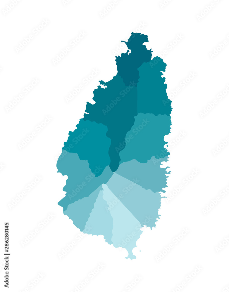 Vector isolated illustration of simplified administrative map of Saint Lucia﻿. Borders of the quarters (regions). Colorful blue khaki silhouettes