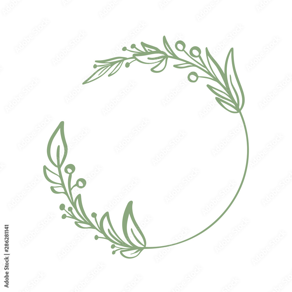 Naklejka premium Frame of wreath with leaves and branches. Decor design with place for your text isolated on white. Sketched floral and herbs garland. Handdrawn vector style, nature illustration