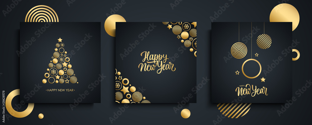 Happy New Year luxury greeting cards set. New Year holiday invitations templates collection with hand drawn lettering and gold christmas balls. Vector illustration.  - obrazy, fototapety, plakaty 