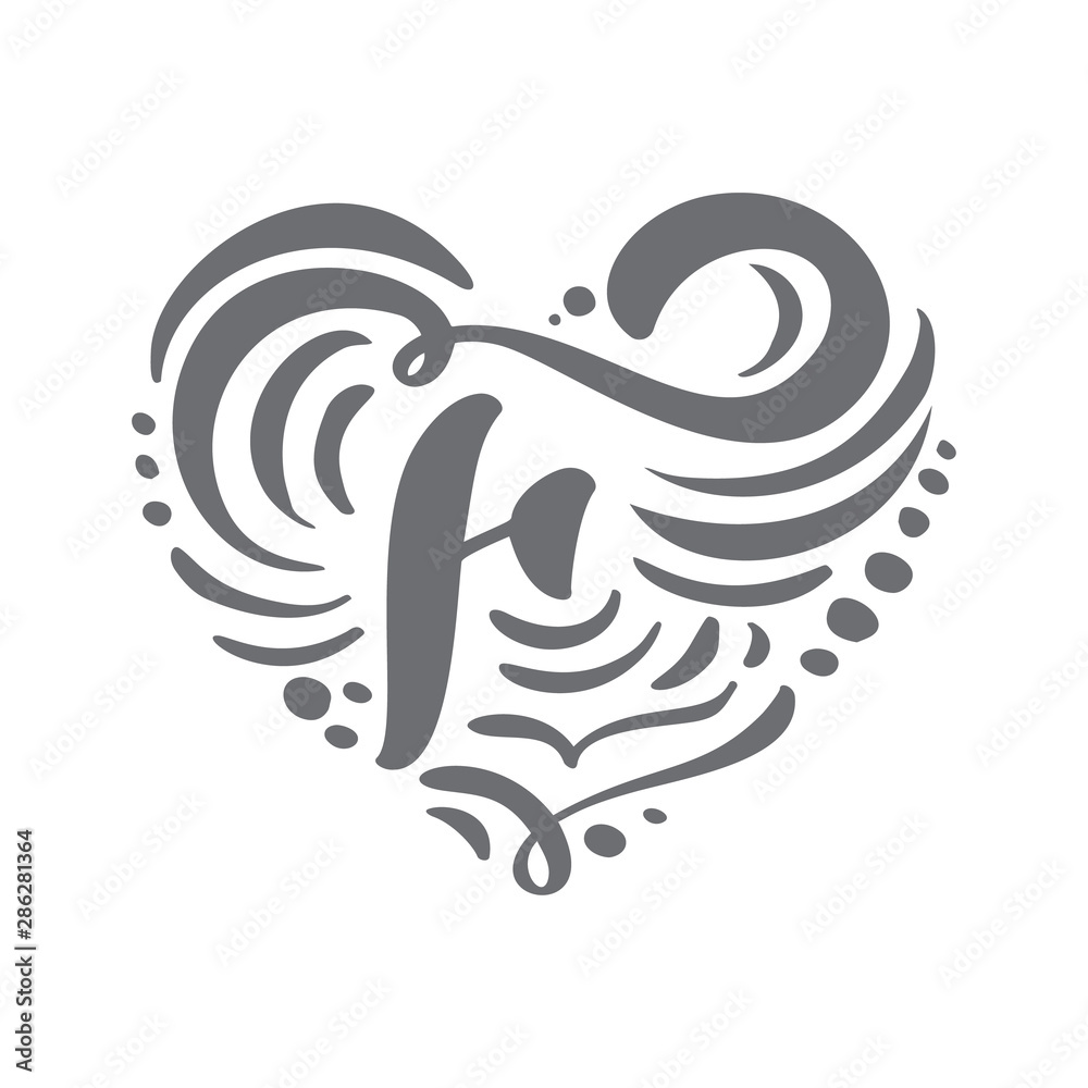 Naklejka premium Heart vector Hand Drawn calligraphic scandinavian floral F logo. Uppercase Hand Lettering Letter F with curl. Wedding Floral Design