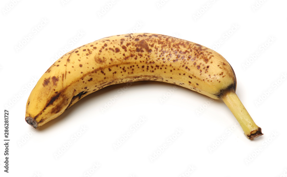 Overripe banana on white background