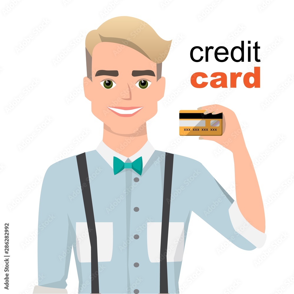 Young man smiling, showing, presenting credit card for making paymen. Young man smiling, showing, presenting credit card for making paymen.
