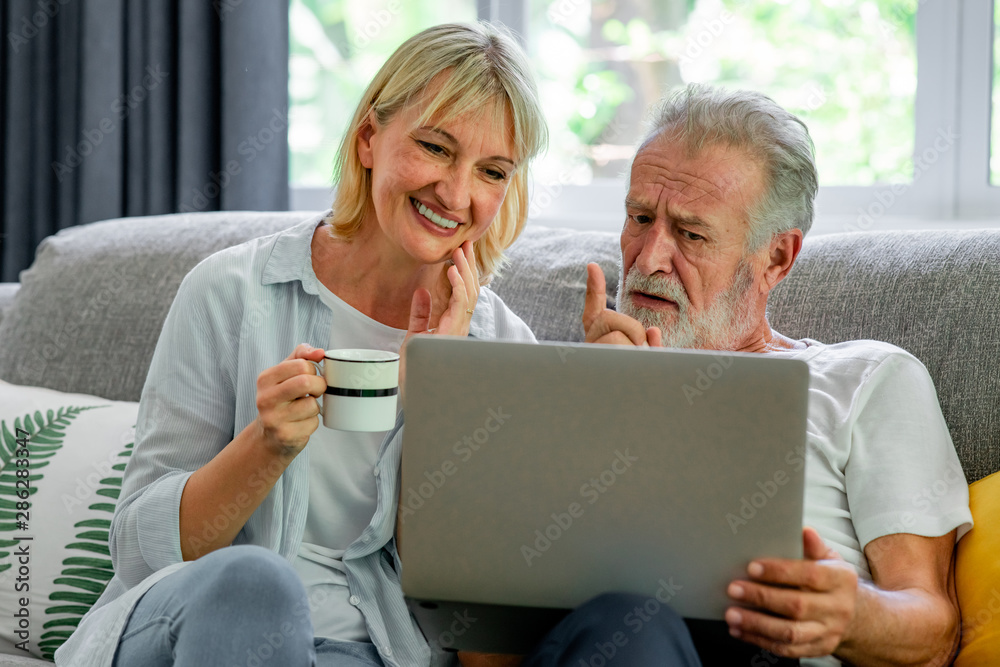 Senior couple using laptop in living room. White man and woman sitting on couch looking at laptop. Exciting mood.