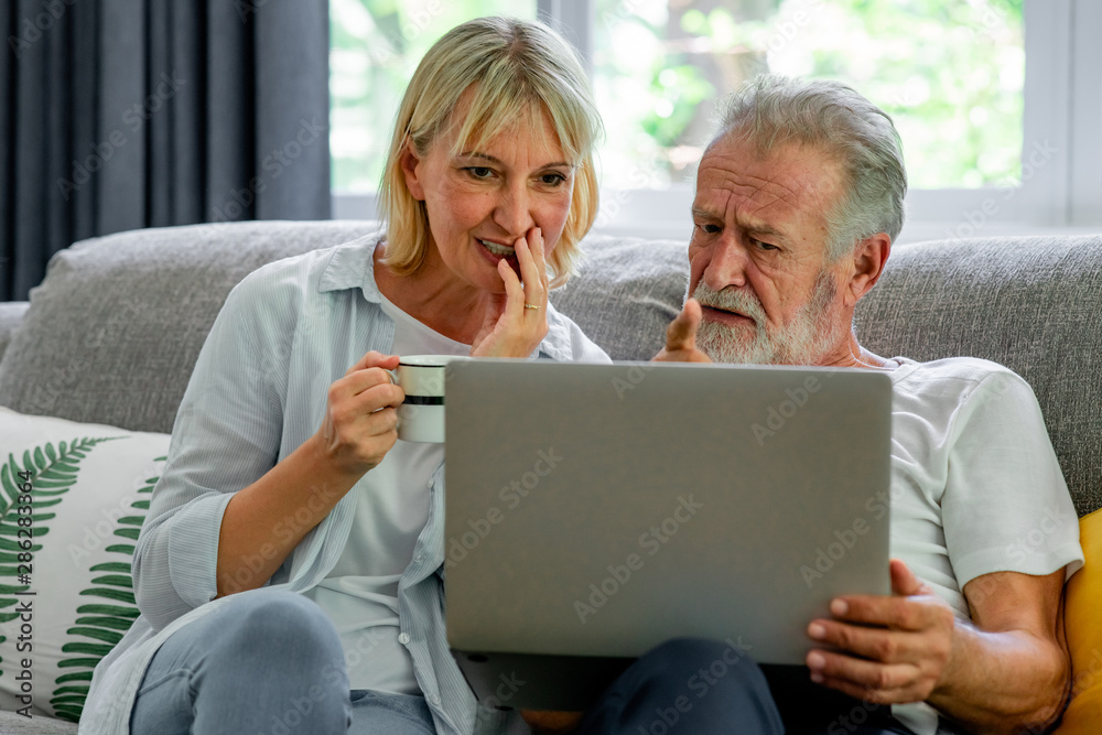 Senior couple using laptop in living room. White man and woman sitting on couch looking at laptop. Happy mood.