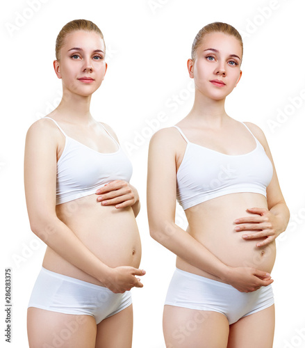 Collage of pregnant woman in white underwear. © Dmitrii Kotin