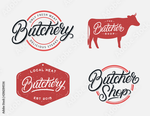 Set of Butcher Shop and Butchery hand written lettering logo