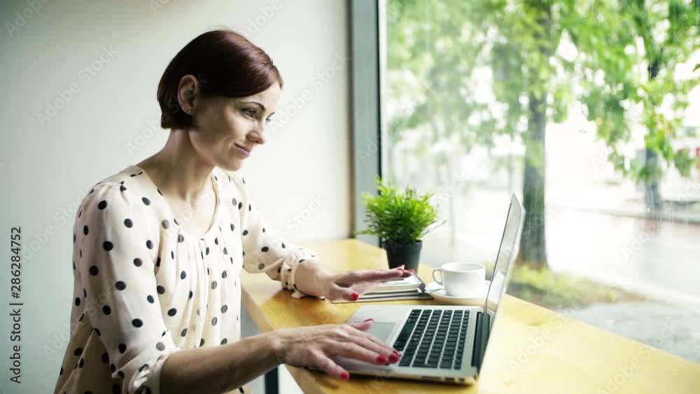 A woman with laptop sitting at the table in a cafe.