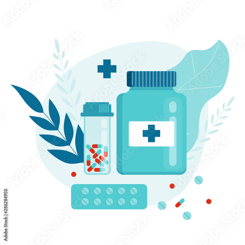 Pharmacy Business Medicine Drug Store. Online Pill Drugstore Infographic Background. Flat Cartoon Vector Illustration