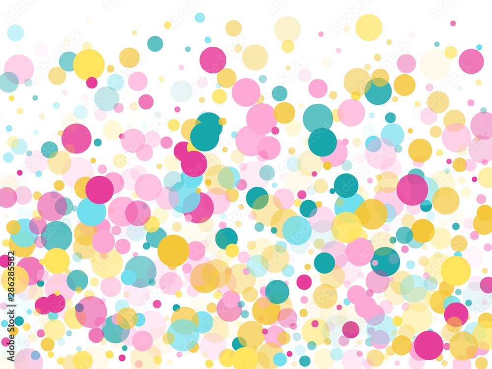 Memphis round confetti festive background in cyan blue, pink and yellow. Childish pattern vector.