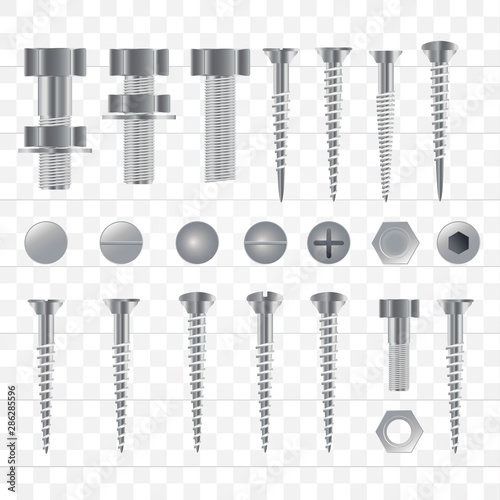 Set of 3d realistic metal screws, stainless steel bolts, nuts, rivets and nails isolated on a transparent background. 