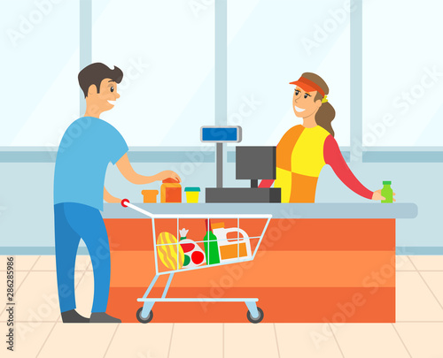 Man putting food on cashier, smiling worker female conducting products. Supermarket shopping, male with truck of meal, paying for purchase in store vector. Flat cartoon