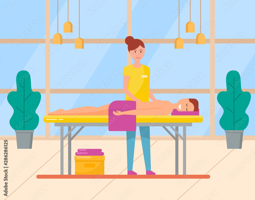 Naklejka premium Young man enjoying relaxing back massage from professional masseuse in cosmetology spa centre. Male patient lying on table. Body care, treatment concept vector. Flat cartoon