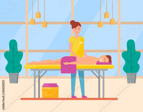 Young man enjoying relaxing back massage from professional masseuse in cosmetology spa centre. Male patient lying on table. Body care, treatment concept vector. Flat cartoon