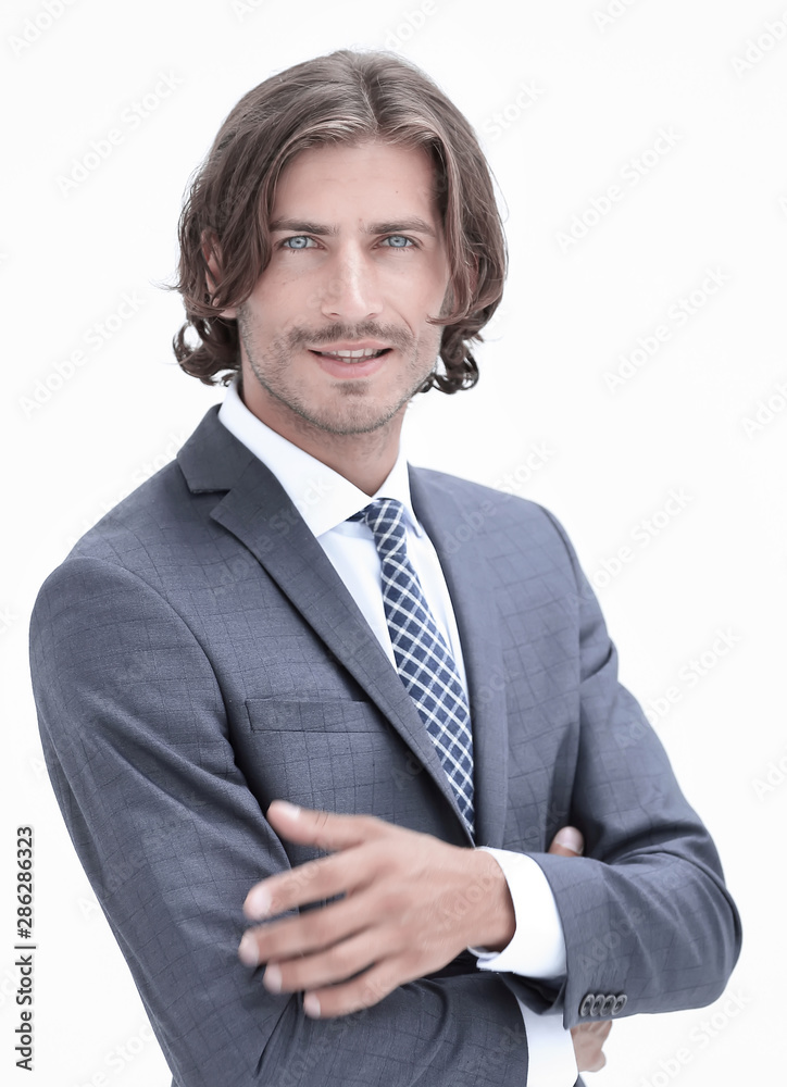 Business man with crossed arms smiling white background. Business man with crossed arms smiling white background.