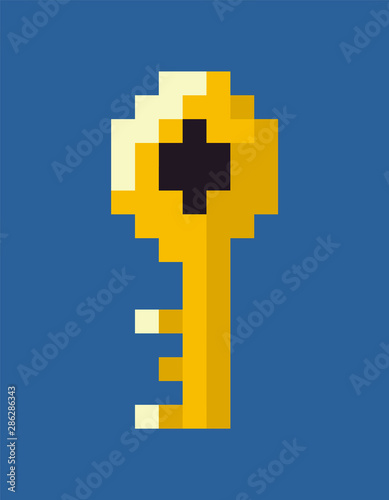 Pixelated key isolated icon vector, pixel art game sign of golder object, unlocking doors and secrets, graphics of 80s, 8bit design of lock symbolizing mystery