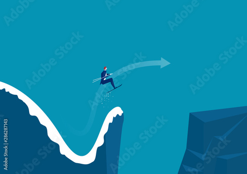 Businessman jumping from a springboard on skis into new moutain. Achieving success. Vector illustration