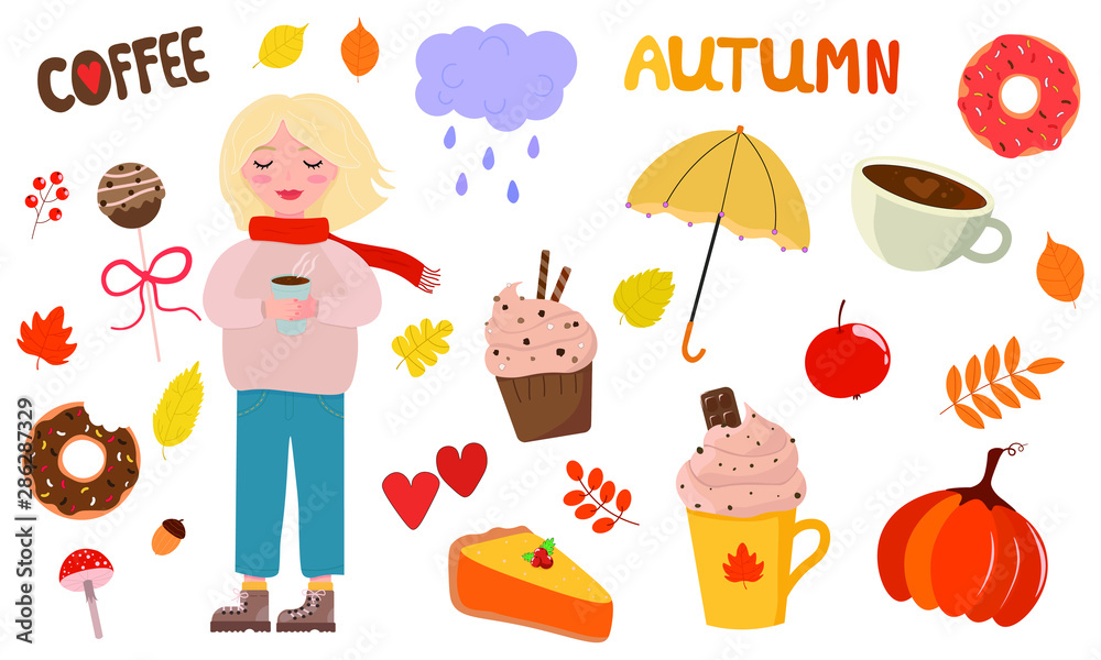 Vector graphics. Adorable, cute, big set with girl, coffee, sweets, leaves, pumpkin, umbrella, cloud. Hand written text. Autumnal set. Isolated illustration. White background. 