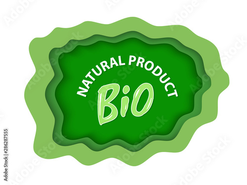 Bio natural product, organic food and supplies vector, isolated green logotype, foliage vegetal elements, apple and plants with leaves natural meal and ingredients. Flat cartoon