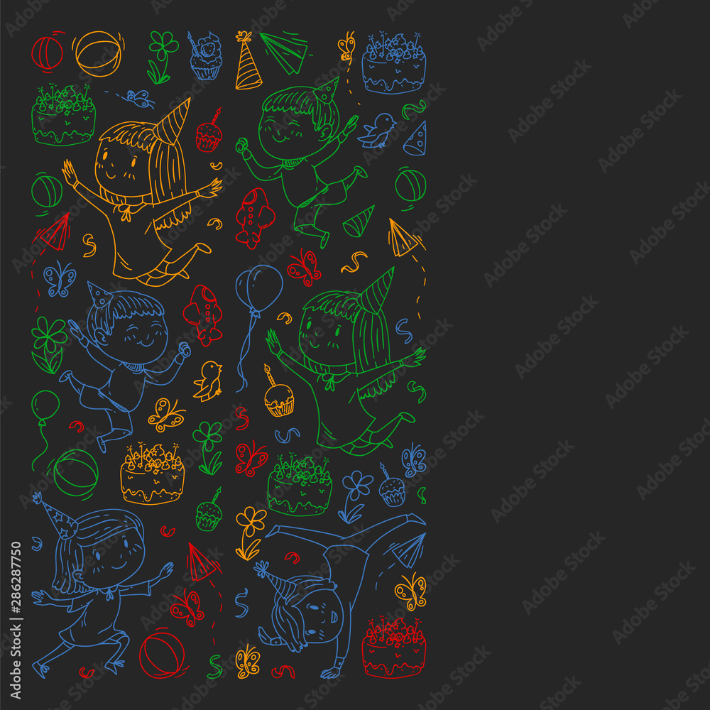 Vector illustration in cartoon style, active company of playful preschool kids jumping, at a party, birthday. colorful, chalk drawing on blackboard. Vector illustration in cartoon style, active company of playful preschool kids jumping, at a party, birthday. colorful, chalk drawing on blackboard.