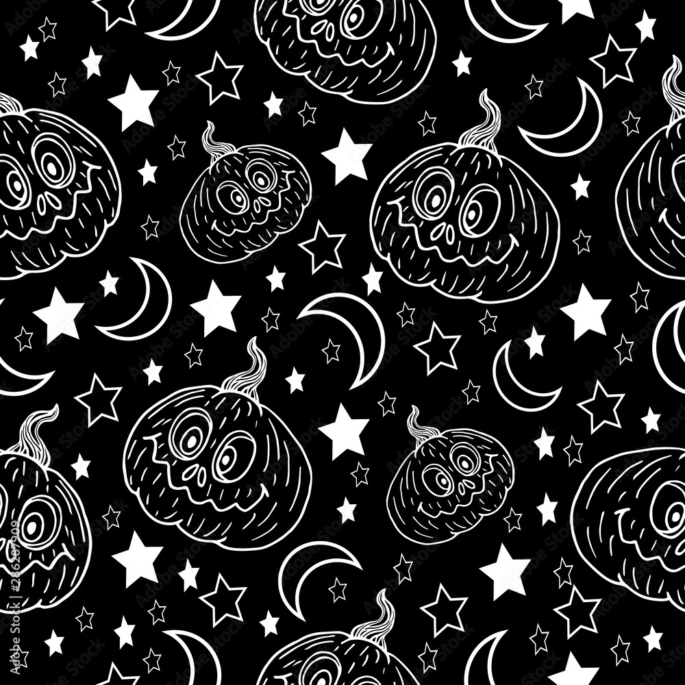 Halloween cute pumpkin, stars and month white line on a black background pattern vector illustration template for design and decoration Halloween cute pumpkin, stars and month white line on a black background pattern vector illustration template for design and decoration