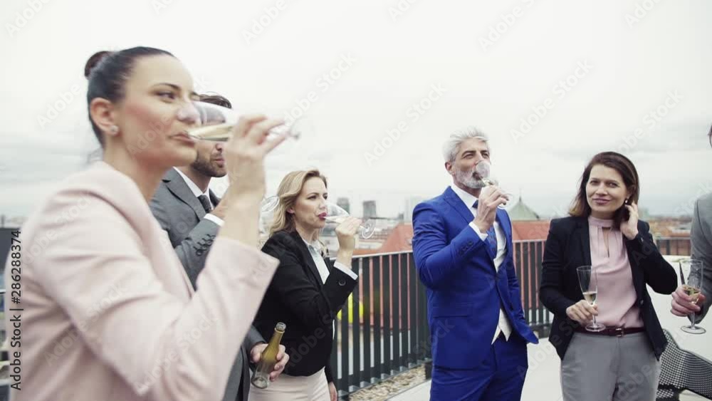 A group of joyful businesspeople having a party outdoors on roof terrace in city. A group of joyful businesspeople having a party outdoors on roof terrace in city.