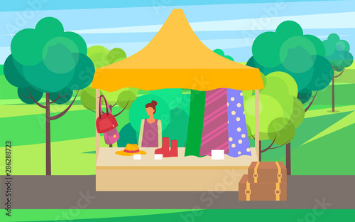 Fototapeta Naklejka Na Ścianę i Meble -  Summer or spring fair vector, seller with fabric and clothes for females. Salesperson with shoes and handbags, hats and accessories for women market in park. Flat cartoon