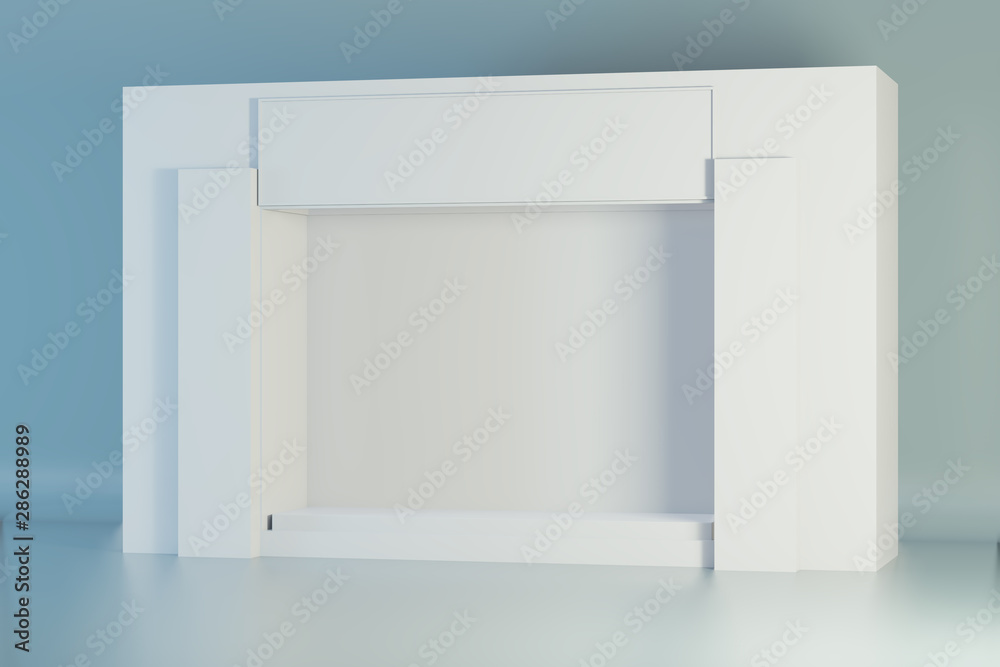 White Storefront blank showcases. Empty new shop interior, clean signboard copy space. 3d rendering. White Storefront blank showcases. Empty new shop interior, clean signboard copy space. 3d rendering.